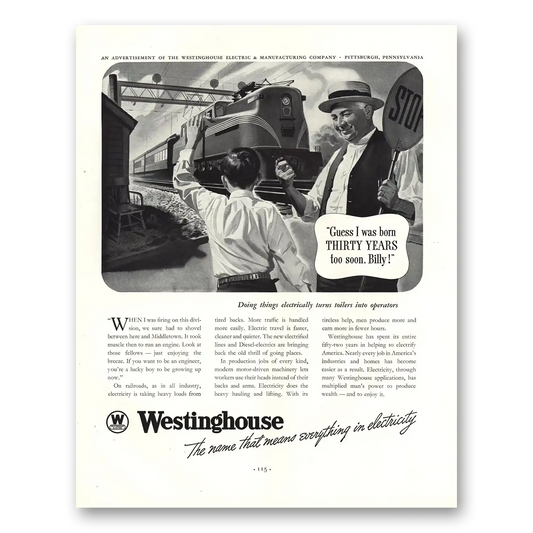 1938 Westinghouse Guess I Was Born Thirty Years Too Soon Billy Vintage Magazine Print Ad