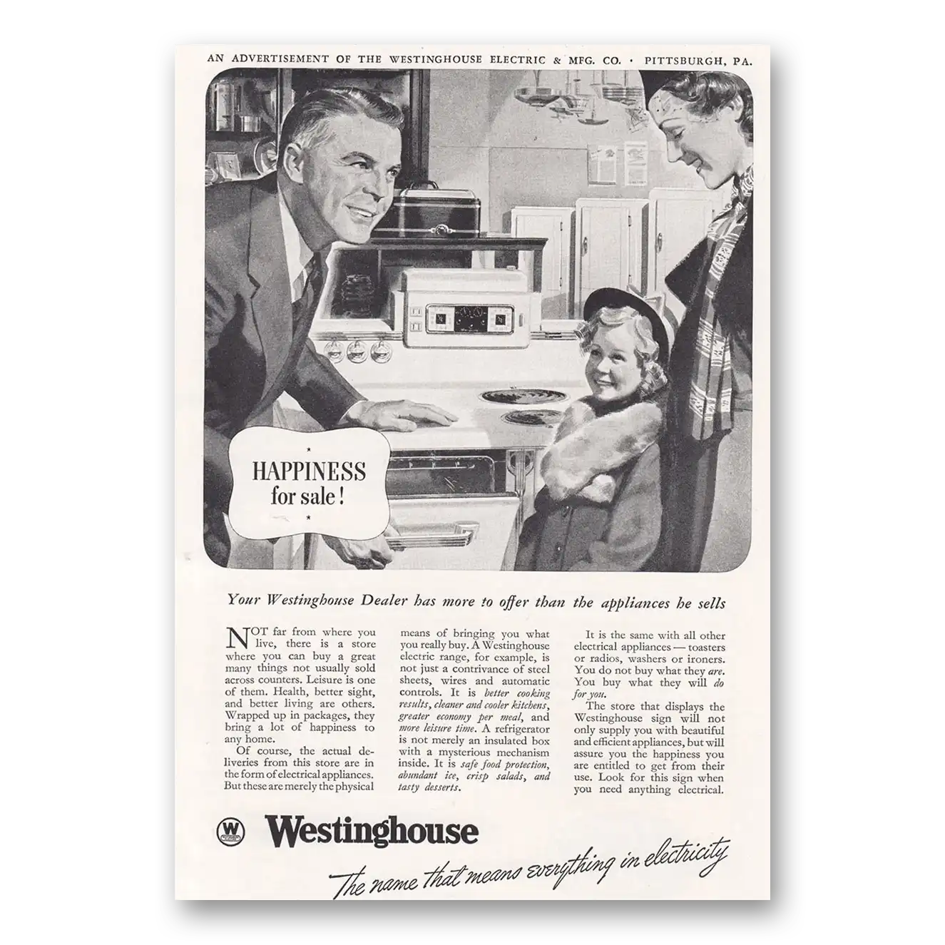 1938 Westinghouse Happiness for Sale Vintage Magazine Print Ad