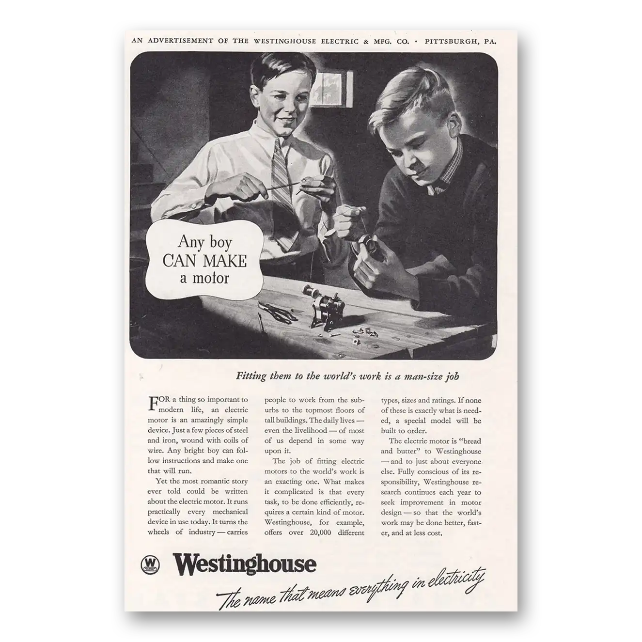 1938 Westinghouse Any Boy Can Make Motor Vintage Magazine Print Ad