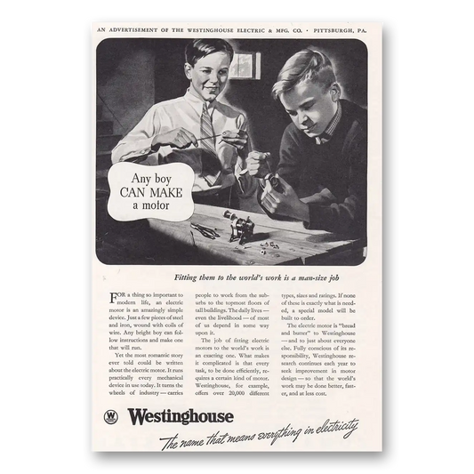 1938 Westinghouse Any Boy Can Make Motor Vintage Magazine Print Ad