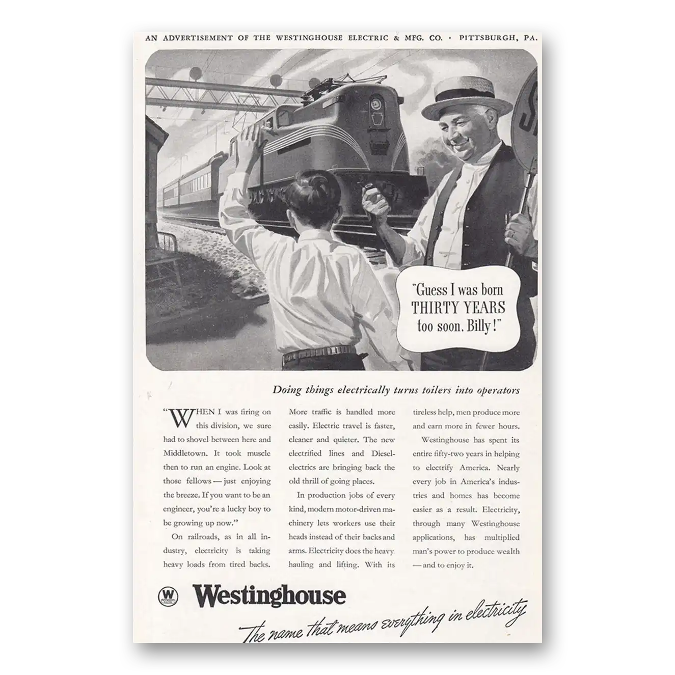 1938 Westinghouse Guess I Was Born Thirty Years Too Soon Billy Vintage Magazine Print Ad