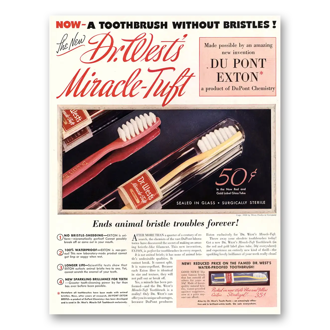 1938 Dr Wests Toothbrush Miracle Tuft Without Bristles Vintage Magazine Print Ad