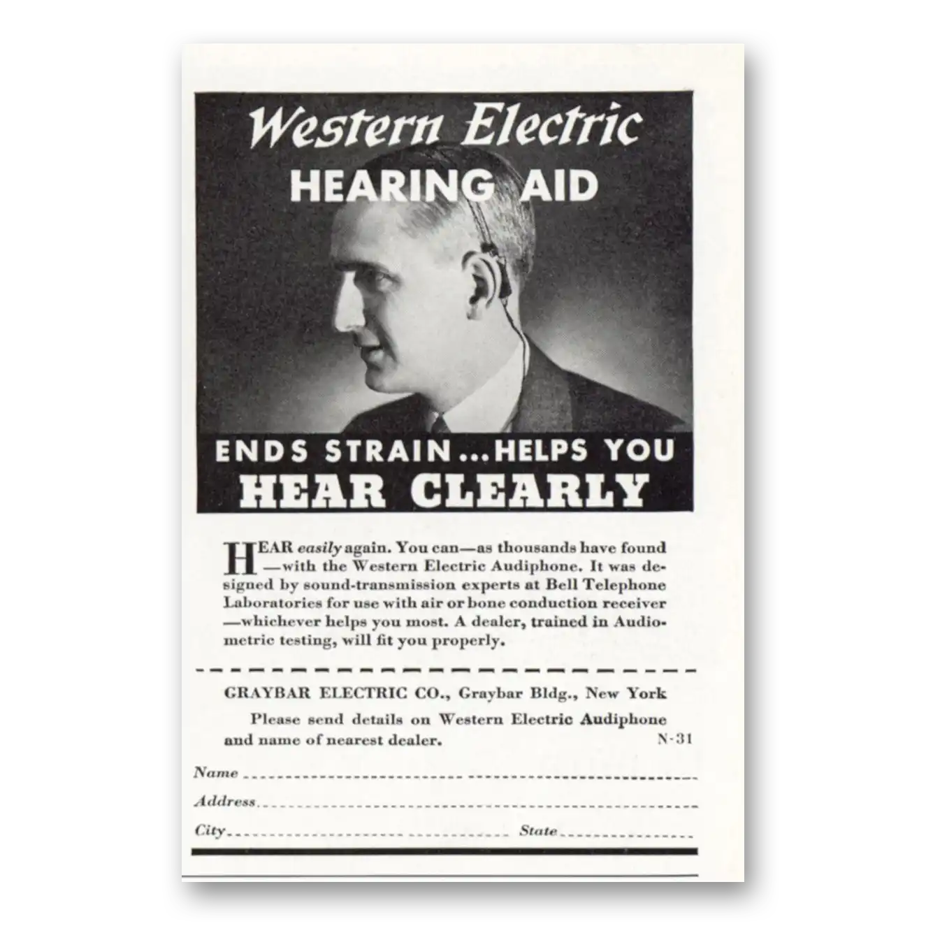 1938 Western Electric Hearing Aid Hear Clearly Vintage Magazine Print Ad