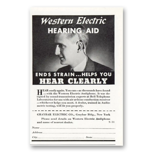 1938 Western Electric Hearing Aid Hear Clearly Vintage Magazine Print Ad