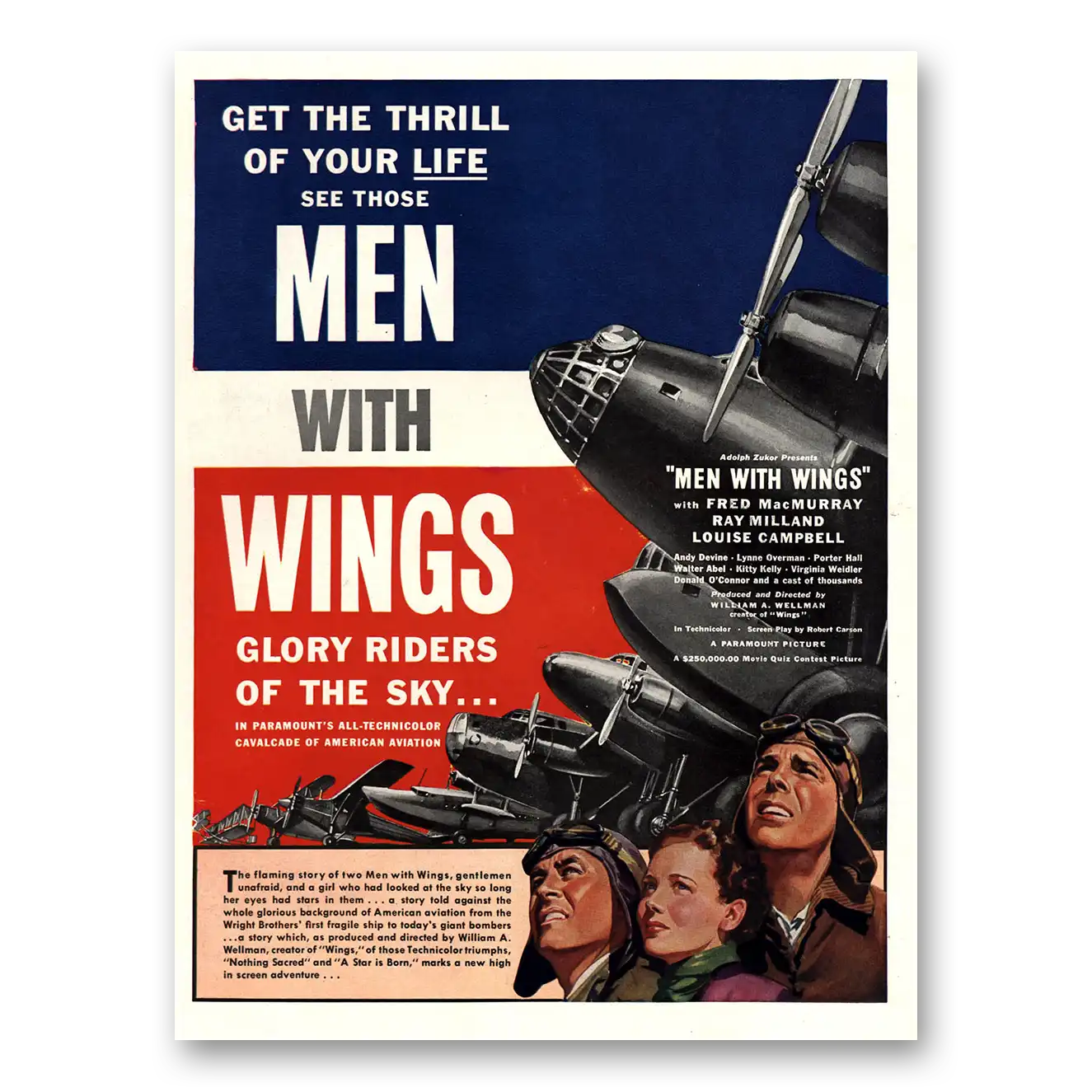 1938 Men With Wings Movie Promo Fred MacMurray and Ray Milland Vintage Magazine Print Ad