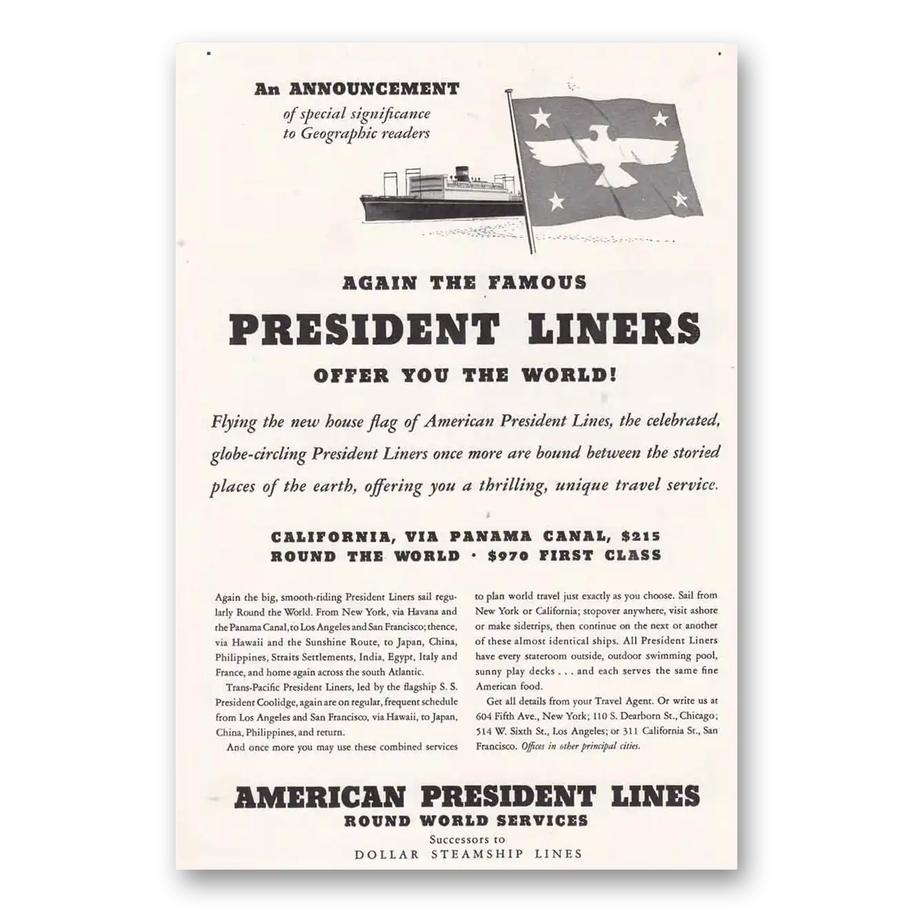 1939 American President Lines Offer You the World Vintage Magazine Print Ad