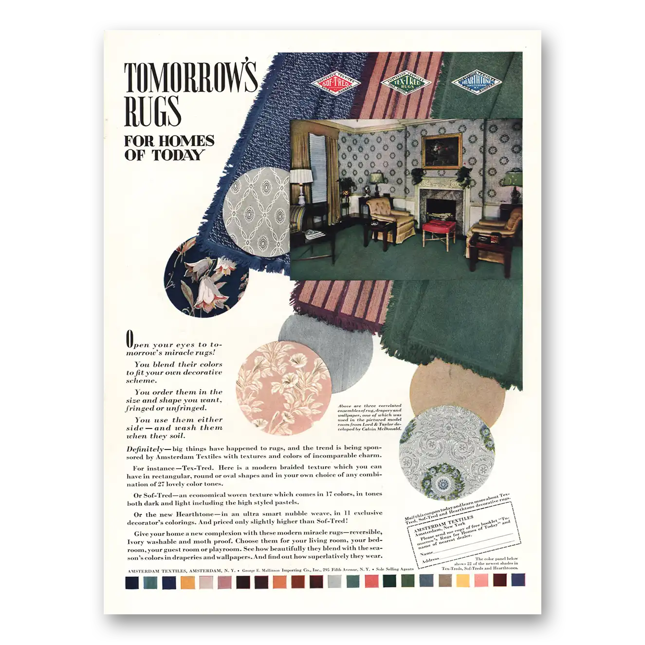 1939 Amsterdam Textiles Tomorrows Rugs for Homes of Today Vintage Magazine Print Ad