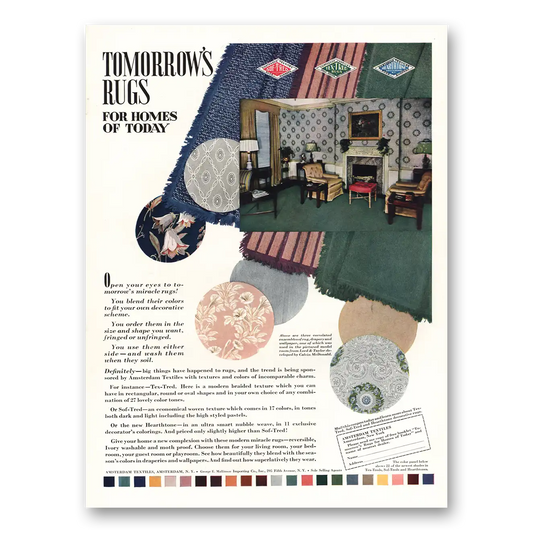 1939 Amsterdam Textiles Tomorrows Rugs for Homes of Today Vintage Magazine Print Ad