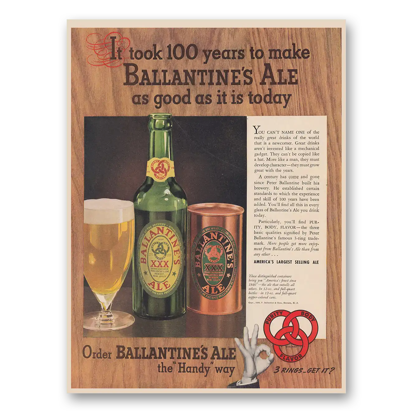 1939 Ballantines Ale Took 100 Years Vintage Magazine Print Ad