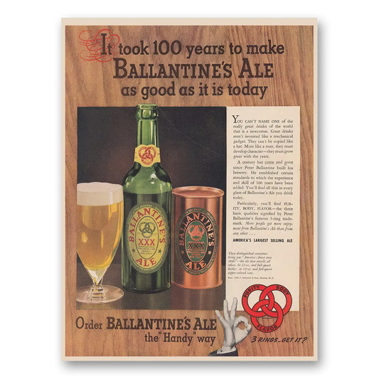 1939 Ballantines Ale Took 100 Years Vintage Magazine Print Ad