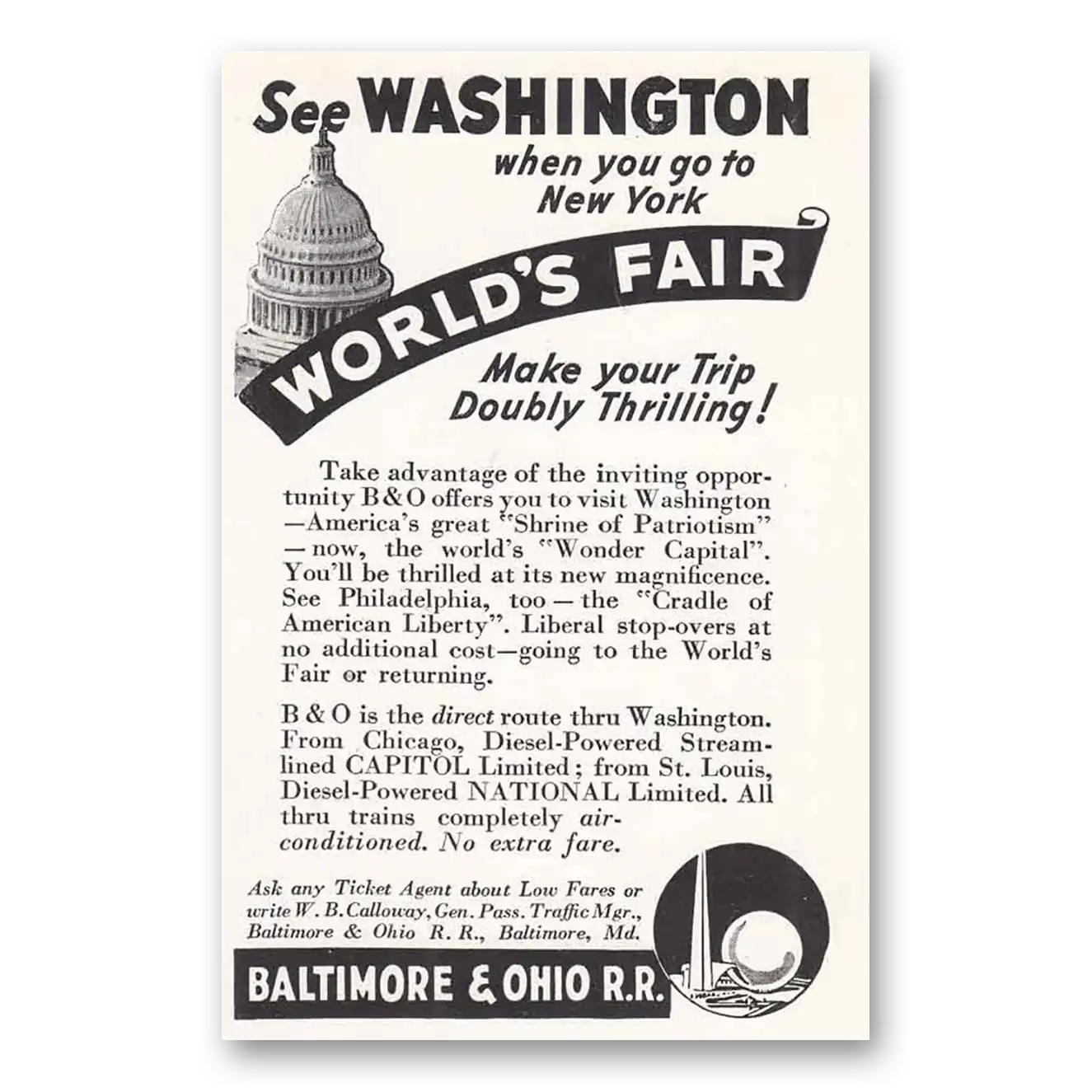 1939 Baltimore and Ohio Railroad Washington Worlds Fair Vintage Magazine Print Ad