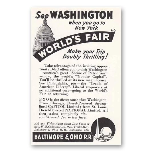 1939 Baltimore and Ohio Railroad Washington Worlds Fair Vintage Magazine Print Ad