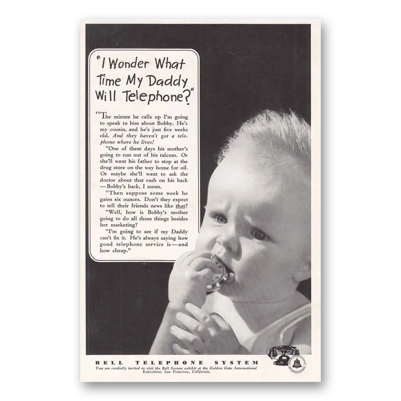 1939 Bell Telephone What Time My Daddy Will Telephone Vintage Magazine Print Ad