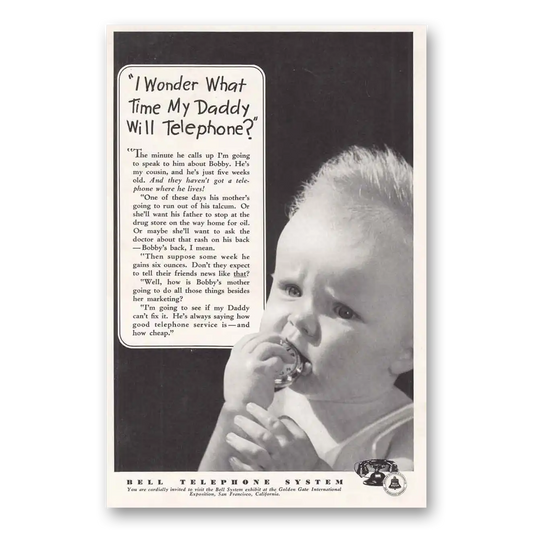 1939 Bell Telephone What Time My Daddy Will Telephone Vintage Magazine Print Ad