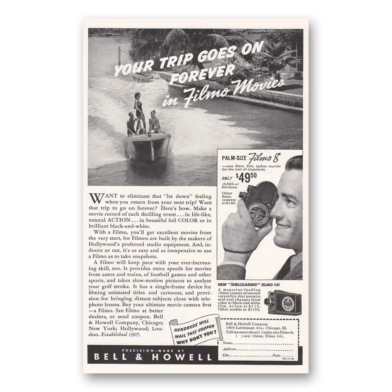 1939 Filmo Camera Your Trip Goes on Forever Vintage Magazine Print Ad