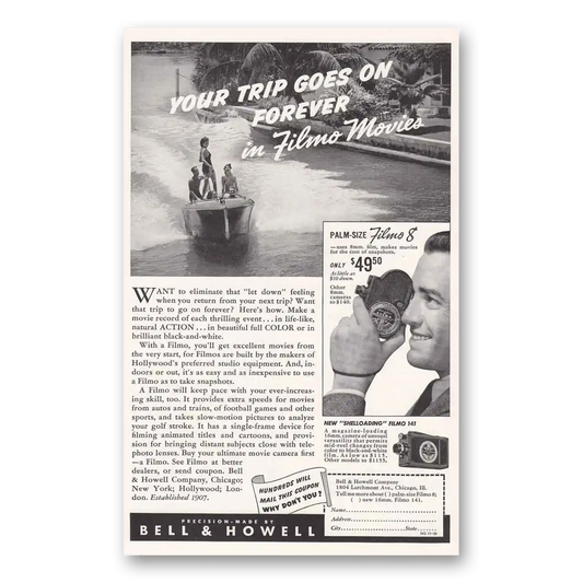 1939 Filmo Camera Your Trip Goes on Forever Vintage Magazine Print Ad