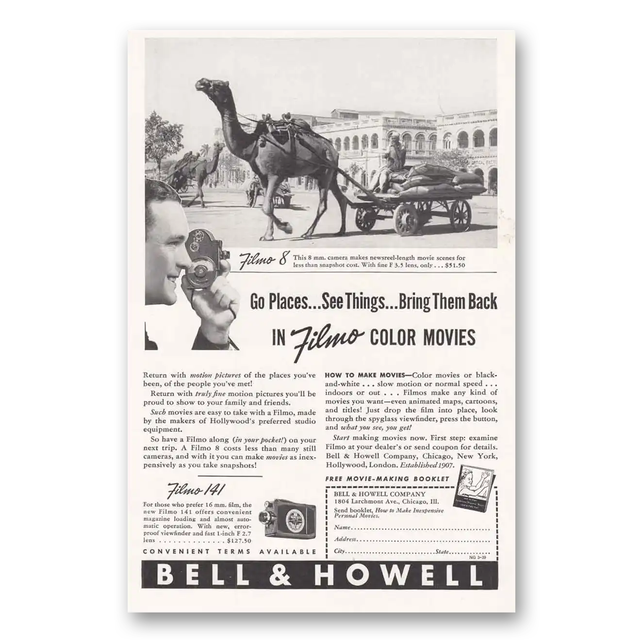 1939 Filmo Camera Camel Go Places See Things Vintage Magazine Print Ad