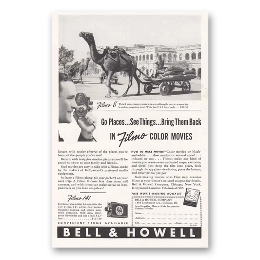 1939 Filmo Camera Camel Go Places See Things Vintage Magazine Print Ad