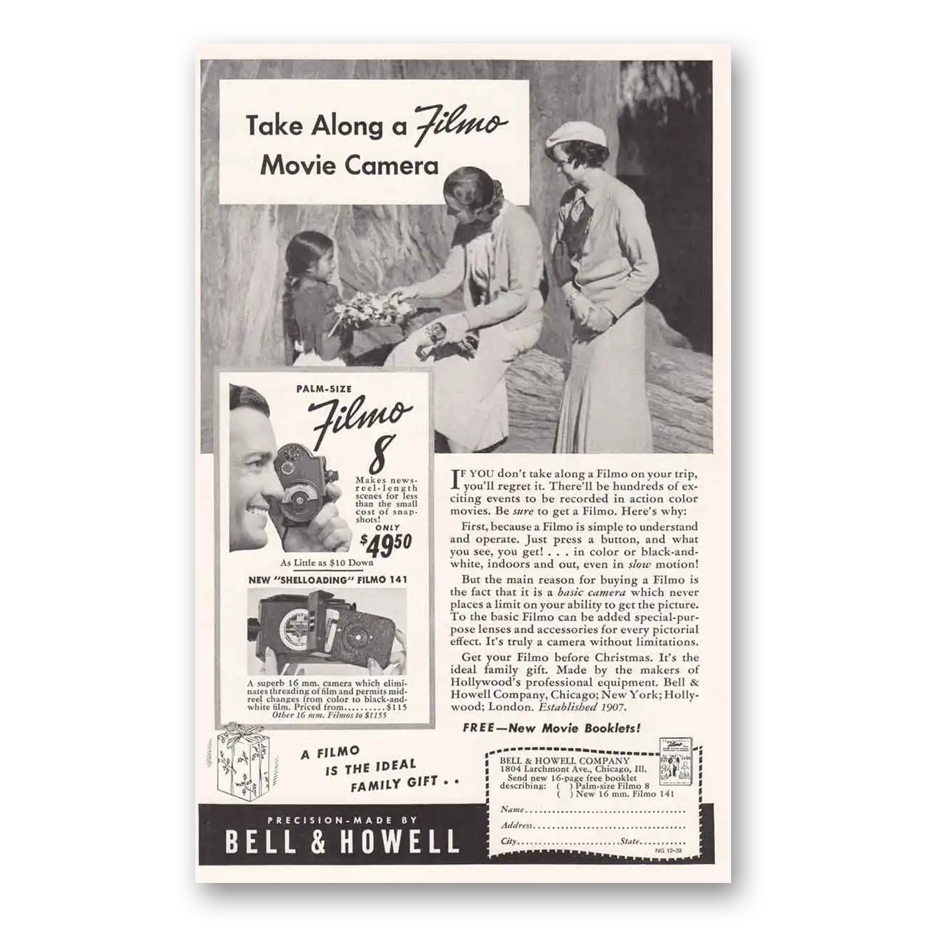 1939 Filmo Camera Movie Camera Palm Size Vintage Magazine Print Ad