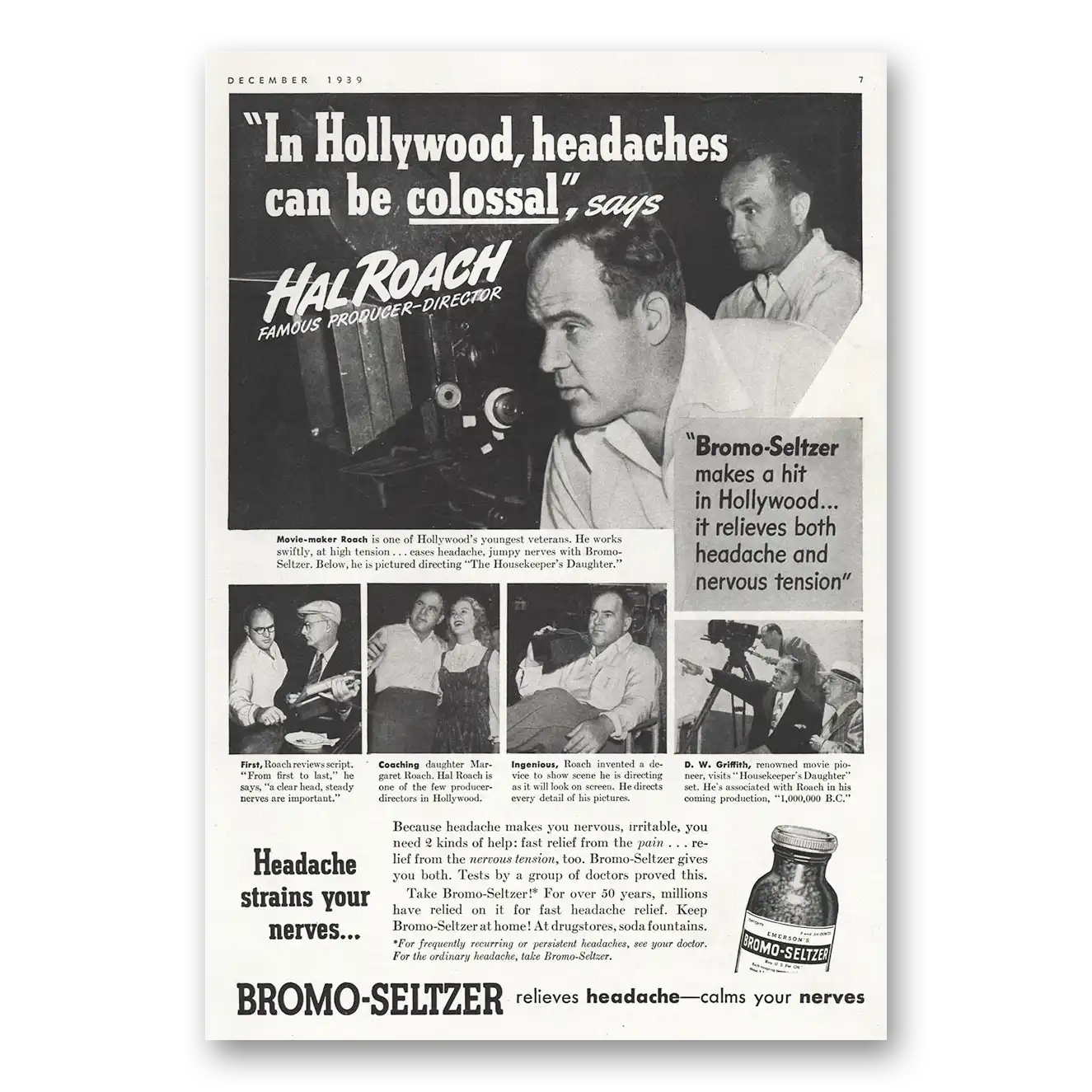 1939 Bromo Seltzer Hal Roach Producer Director Vintage Magazine Print Ad