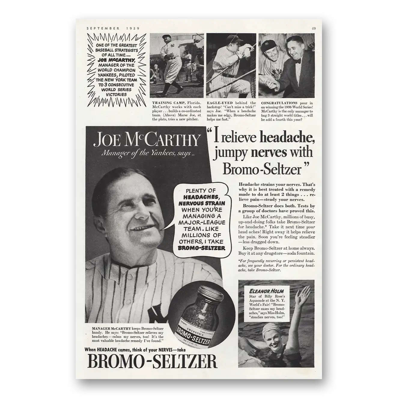 1939 Bromo Seltzer Joe McCarthy Manager Yankees Vintage Magazine Print Ad