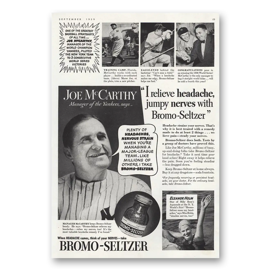 1939 Bromo Seltzer Joe McCarthy Manager Yankees Vintage Magazine Print Ad