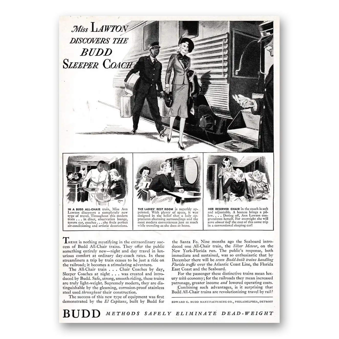 1939 Budd Miss Lawton Discovers the Budd Sleeper Coach Vintage Magazine Print Ad