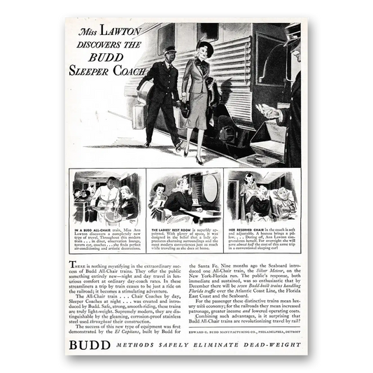 1939 Budd Miss Lawton Discovers the Budd Sleeper Coach Vintage Magazine Print Ad