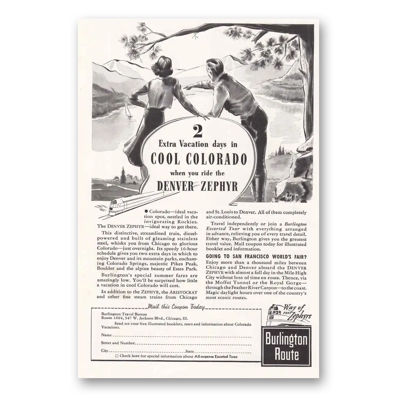 1939 Burlington Route Cool Colorado Denver Zephyr Vintage Magazine Print Ad