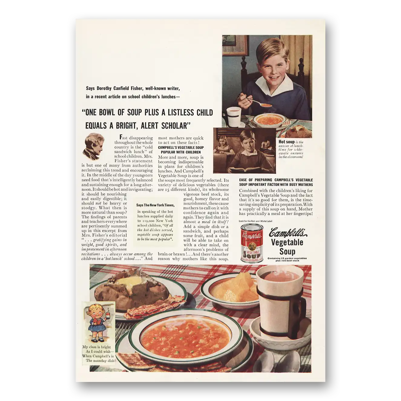 1939 Campbells Vegetable Soup One Bowl of Soup Listless Child Vintage Magazine Print Ad