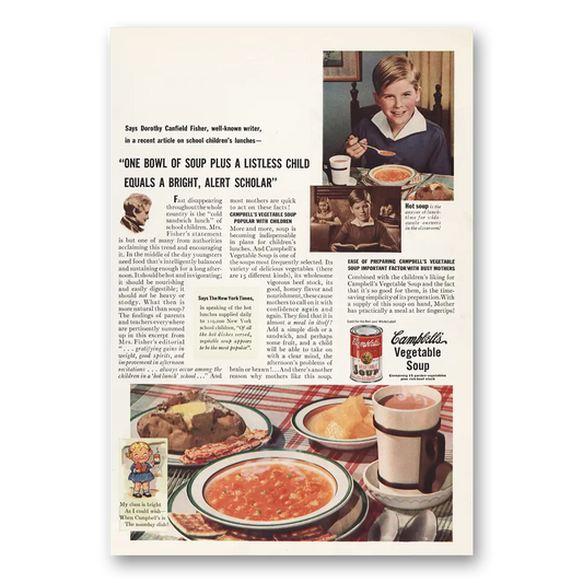 1939 Campbells Vegetable Soup One Bowl of Soup Listless Child Vintage Magazine Print Ad