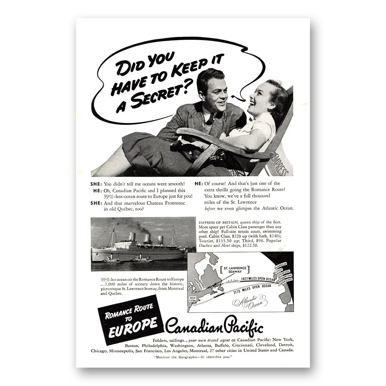 1939 Canadian Pacific Did You Have To Keep It a Secret Vintage Magazine Print Ad