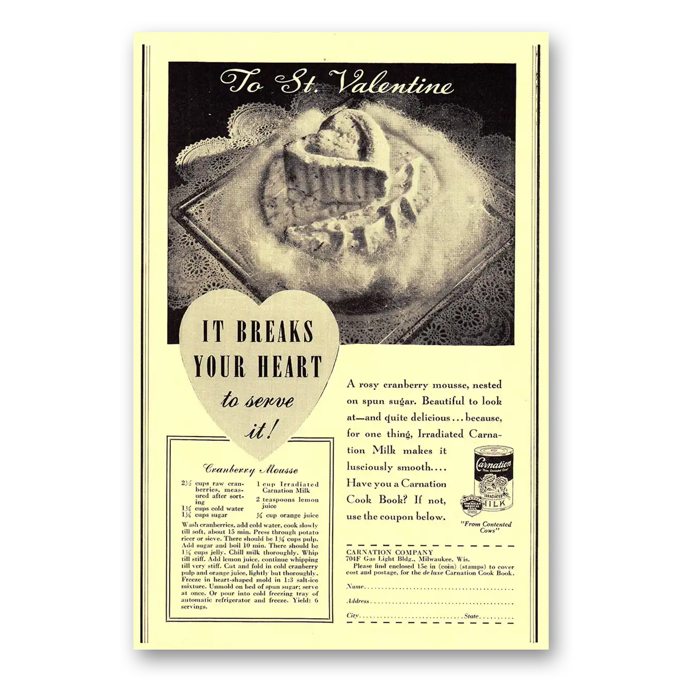 1939 Carnation Milk Irradiated Milk St Valentine Vintage Magazine Print Ad