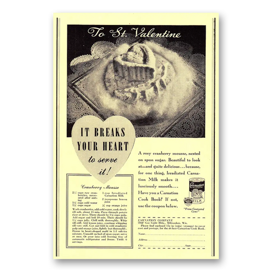 1939 Carnation Milk Irradiated Milk St Valentine Vintage Magazine Print Ad