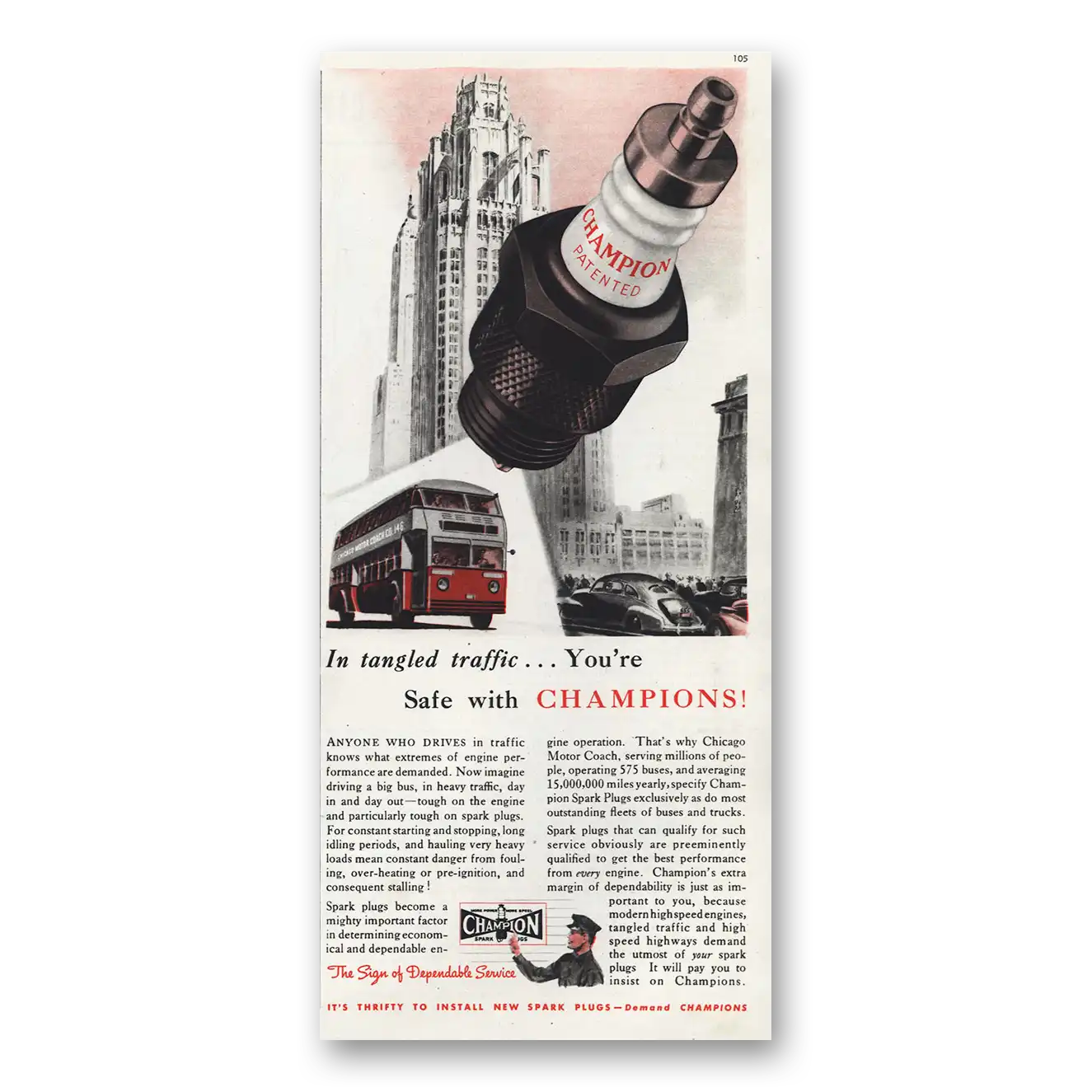 1939 Champion Spark Plugs Tangled Traffic Vintage Magazine Print Ad