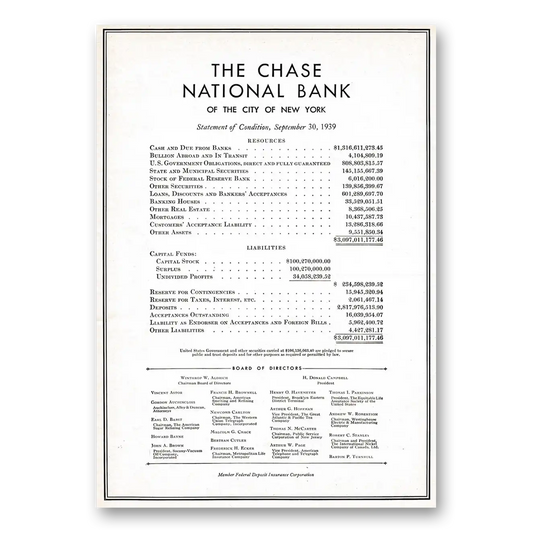 1939 Chase National Bank Statement of Condition September 30 Vintage Magazine Print Ad