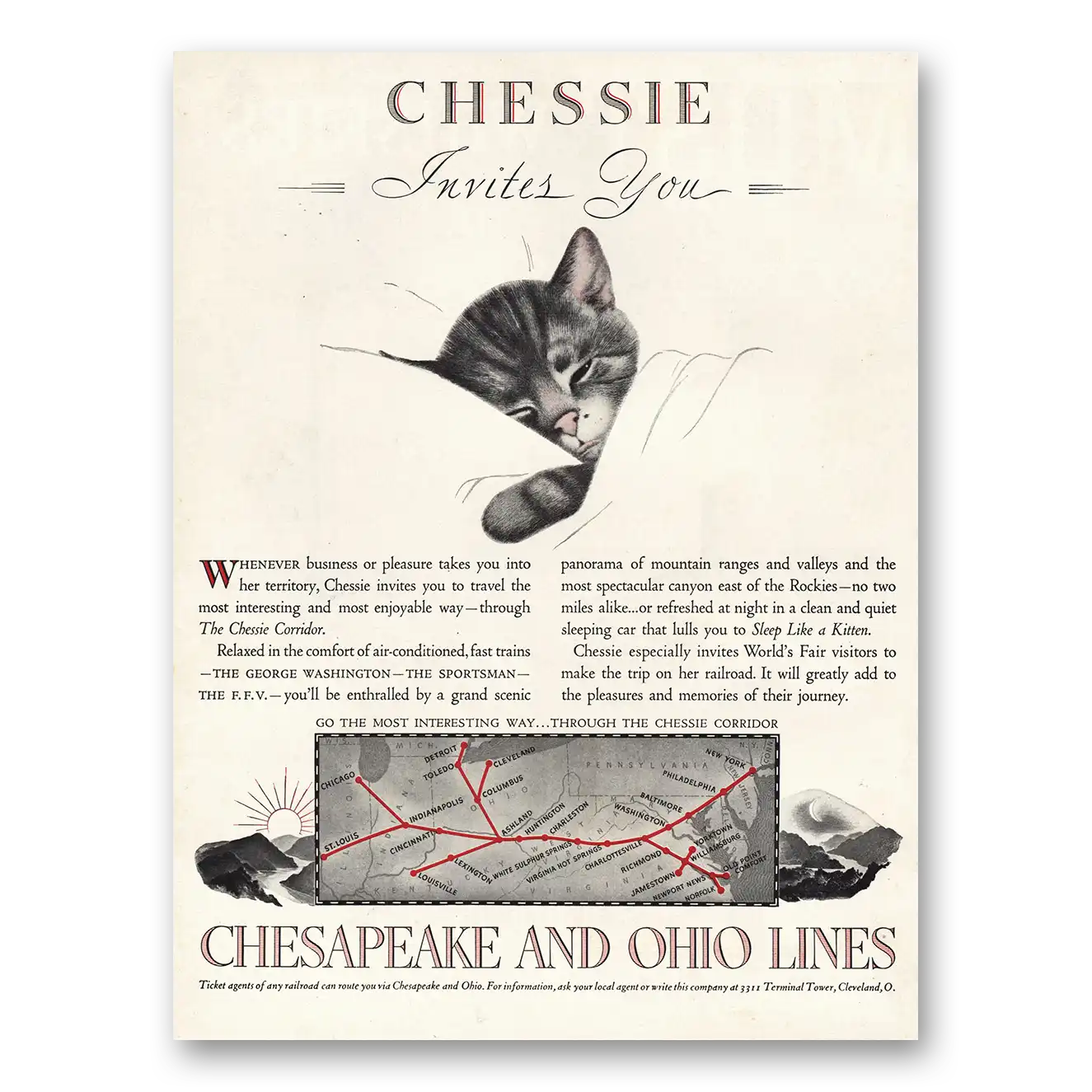 1939 Chesapeake and Ohio Lines Chessie Invites You Vintage Magazine Print Ad