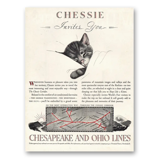 1939 Chesapeake and Ohio Lines Chessie Invites You Vintage Magazine Print Ad