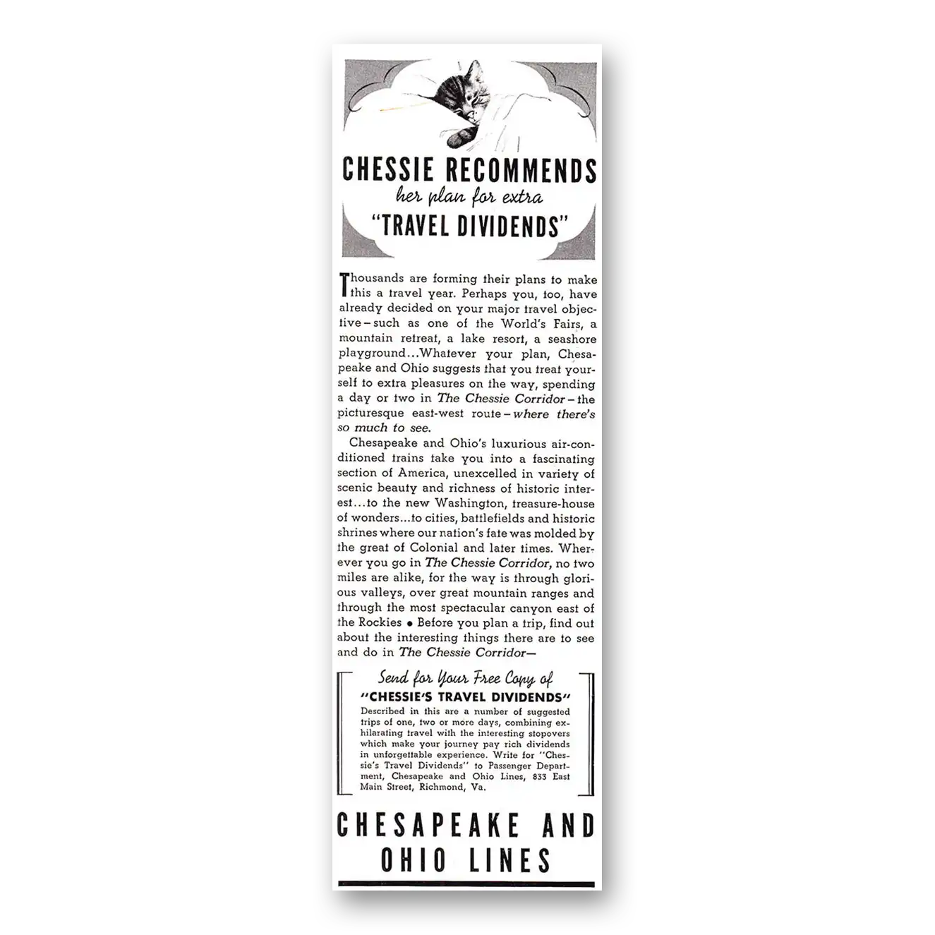 1939 Chesapeake and Ohio Lines Chessie Recommends Vintage Magazine Print Ad