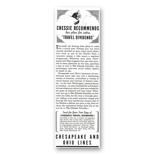 1939 Chesapeake and Ohio Lines Chessie Recommends Vintage Magazine Print Ad