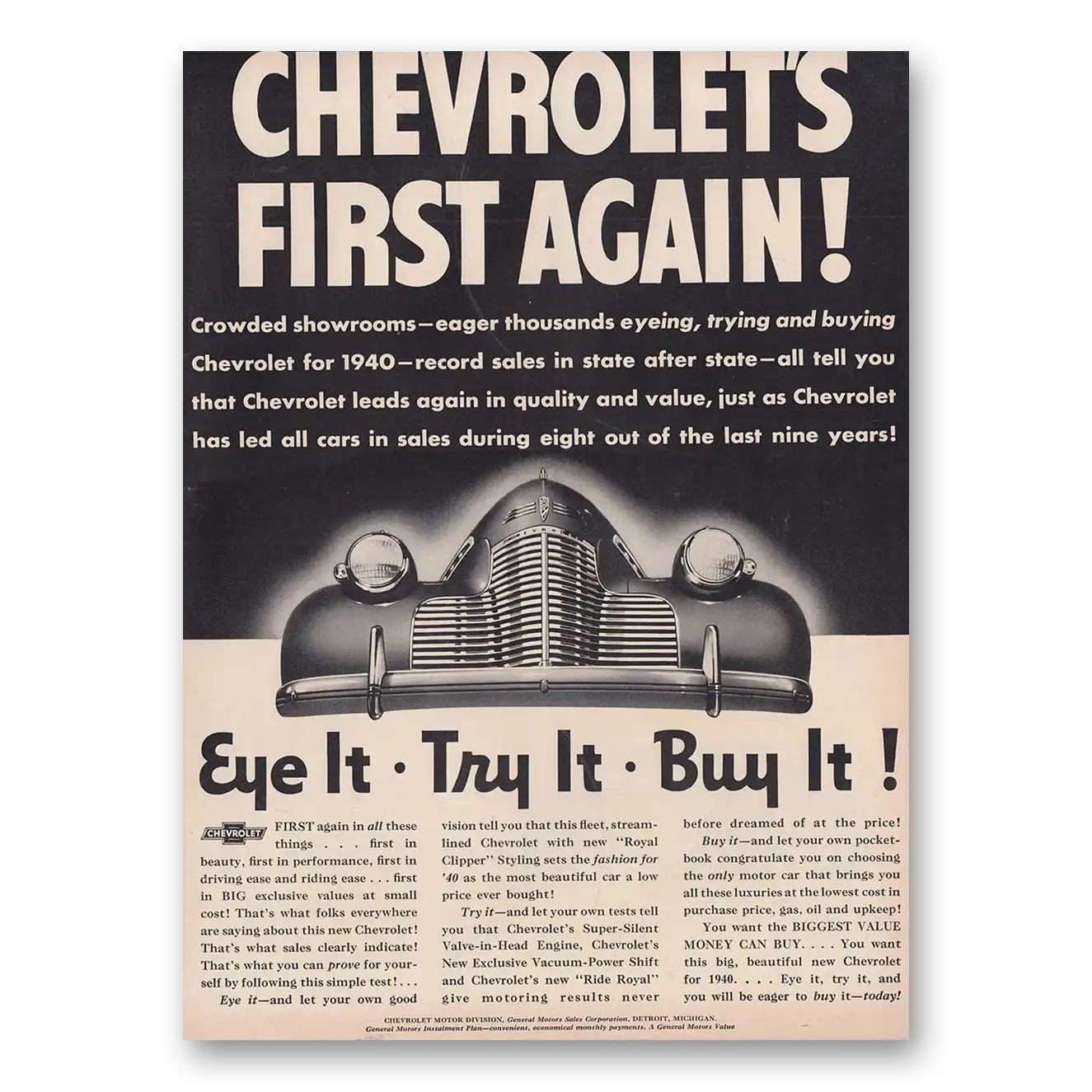 1939 Chevrolet First Again Eye It Try It Buy It Vintage Magazine Print Ad