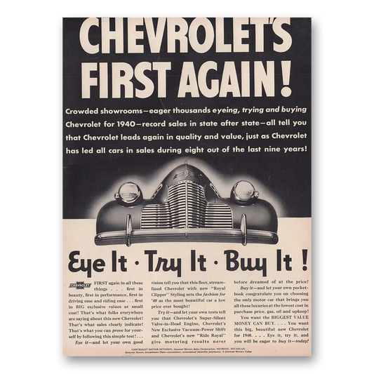 1939 Chevrolet First Again Eye It Try It Buy It Vintage Magazine Print Ad