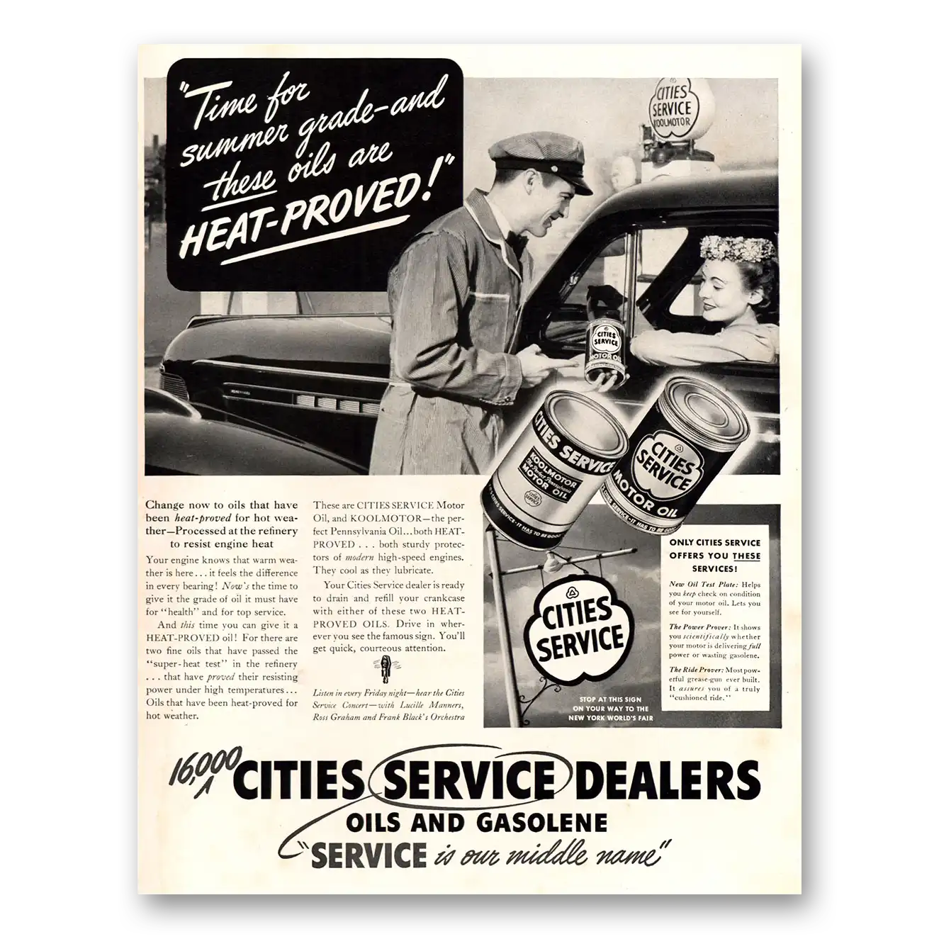 1939 Cities Service Dealers Oils Are Heat Proved Vintage Magazine Print Ad