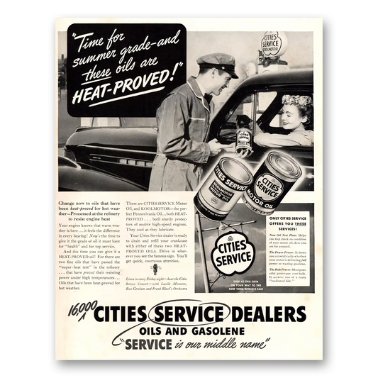 1939 Cities Service Dealers Oils Are Heat Proved Vintage Magazine Print Ad