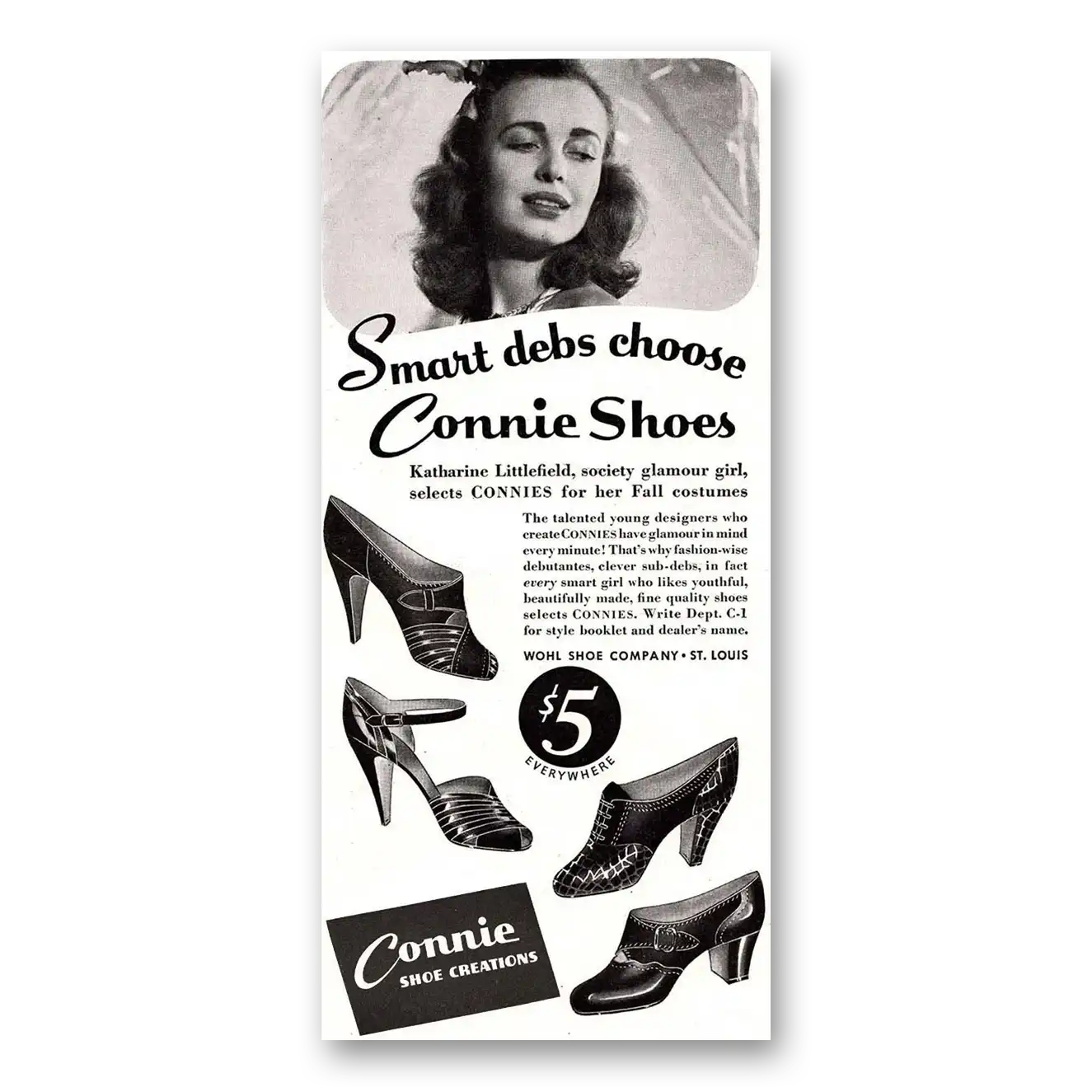 1939 Connie Shoes Smart Debs Choose Connie Shoes Vintage Magazine Print Ad