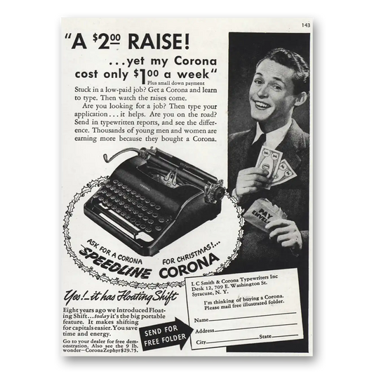 1939 Corona Typewriter Speedline Typewriter Raise Yet My Corona Cost Vintage Magazine Print Ad