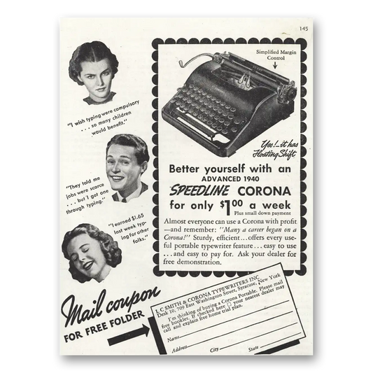 1939 Corona Typewriter Speedline Typewriter Better Yourself Vintage Magazine Print Ad