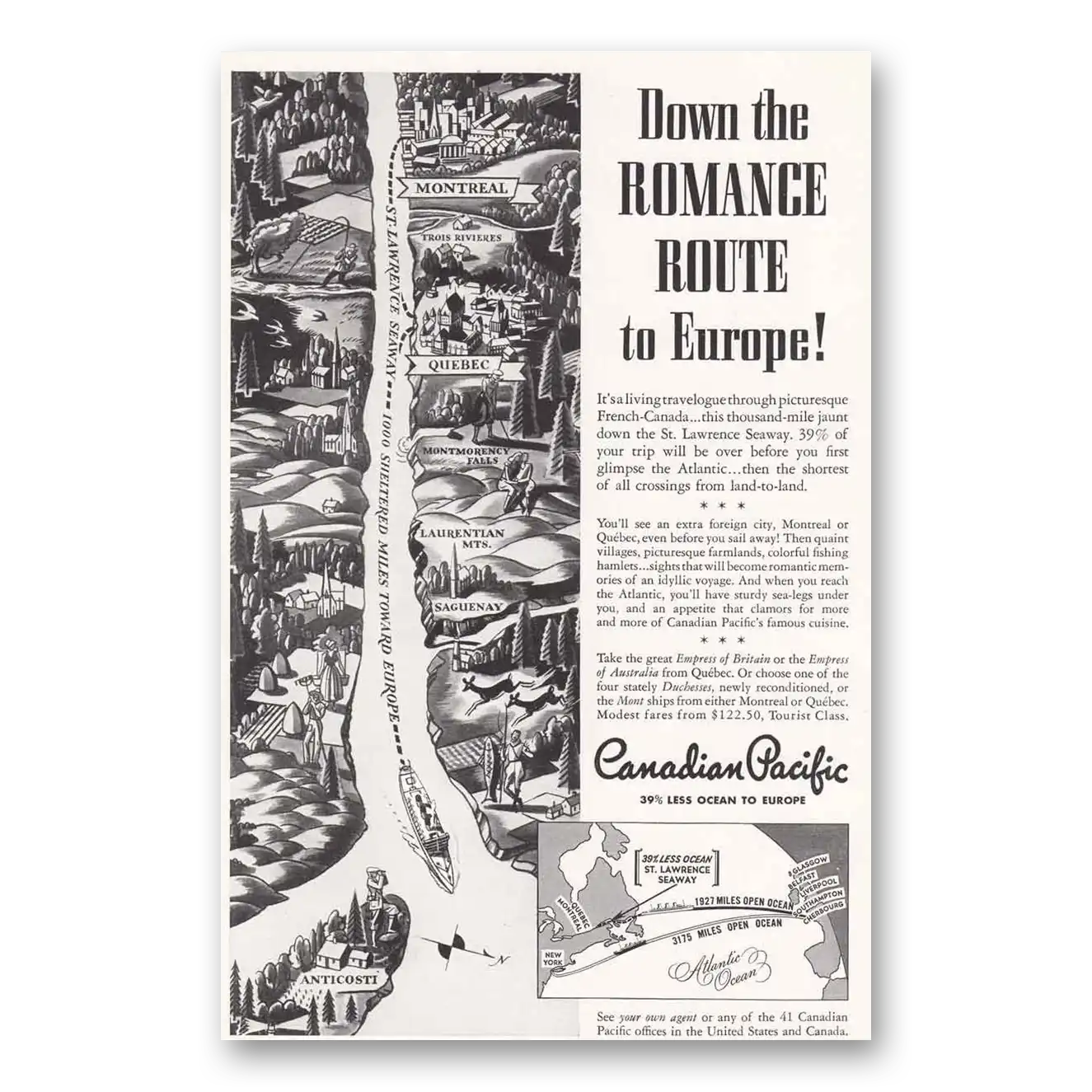 1939 Canadian Pacific Down the Romance Route Vintage Magazine Print Ad