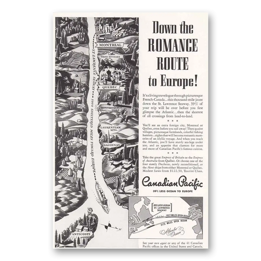 1939 Canadian Pacific Down the Romance Route Vintage Magazine Print Ad