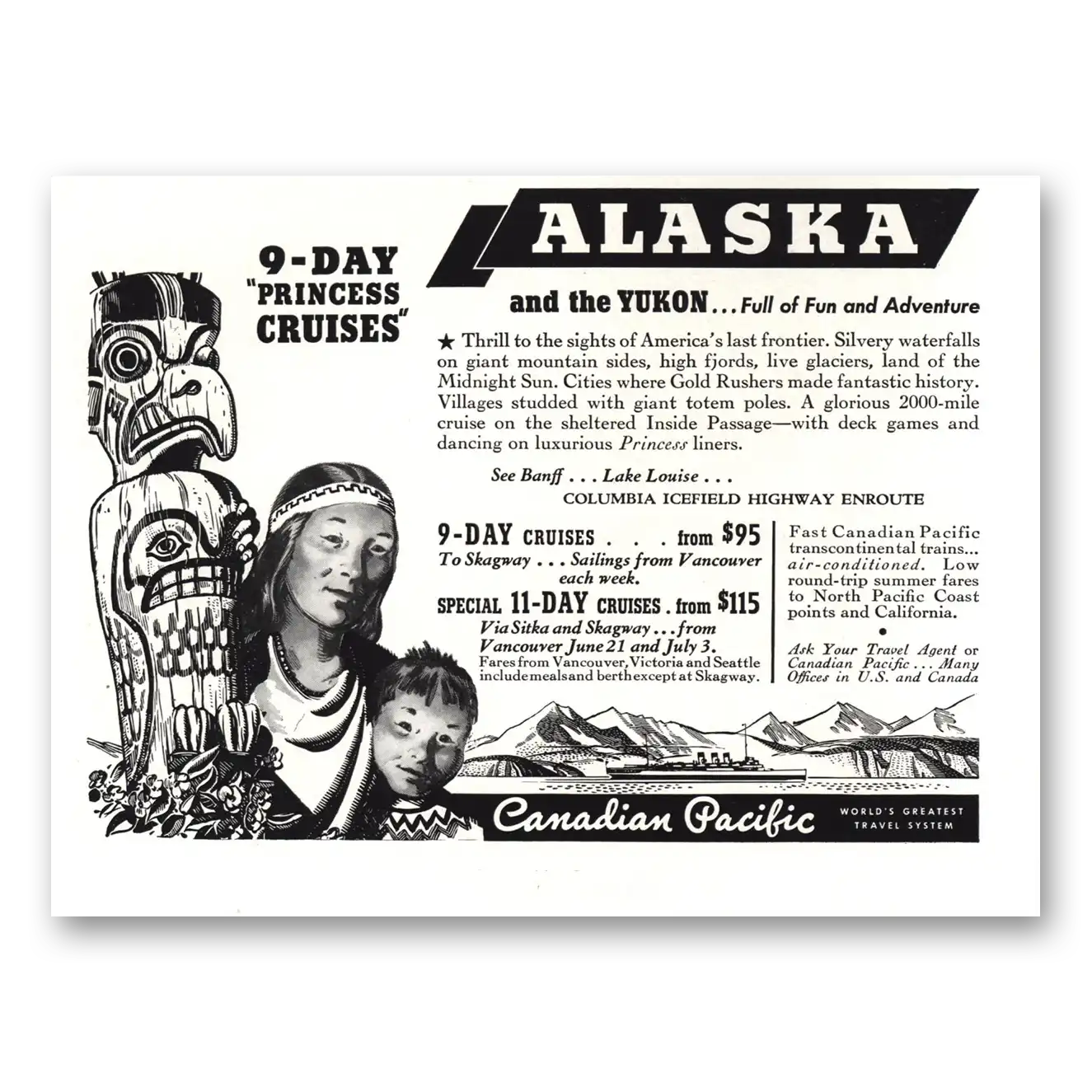 1939 Canadian Pacific Alaska Princess Cruises Vintage Magazine Print Ad